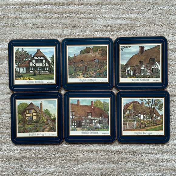 Pimpernel Coasters English Cottages Set of 6 Cork Backed Barware Vintage - Picture 1 of 14